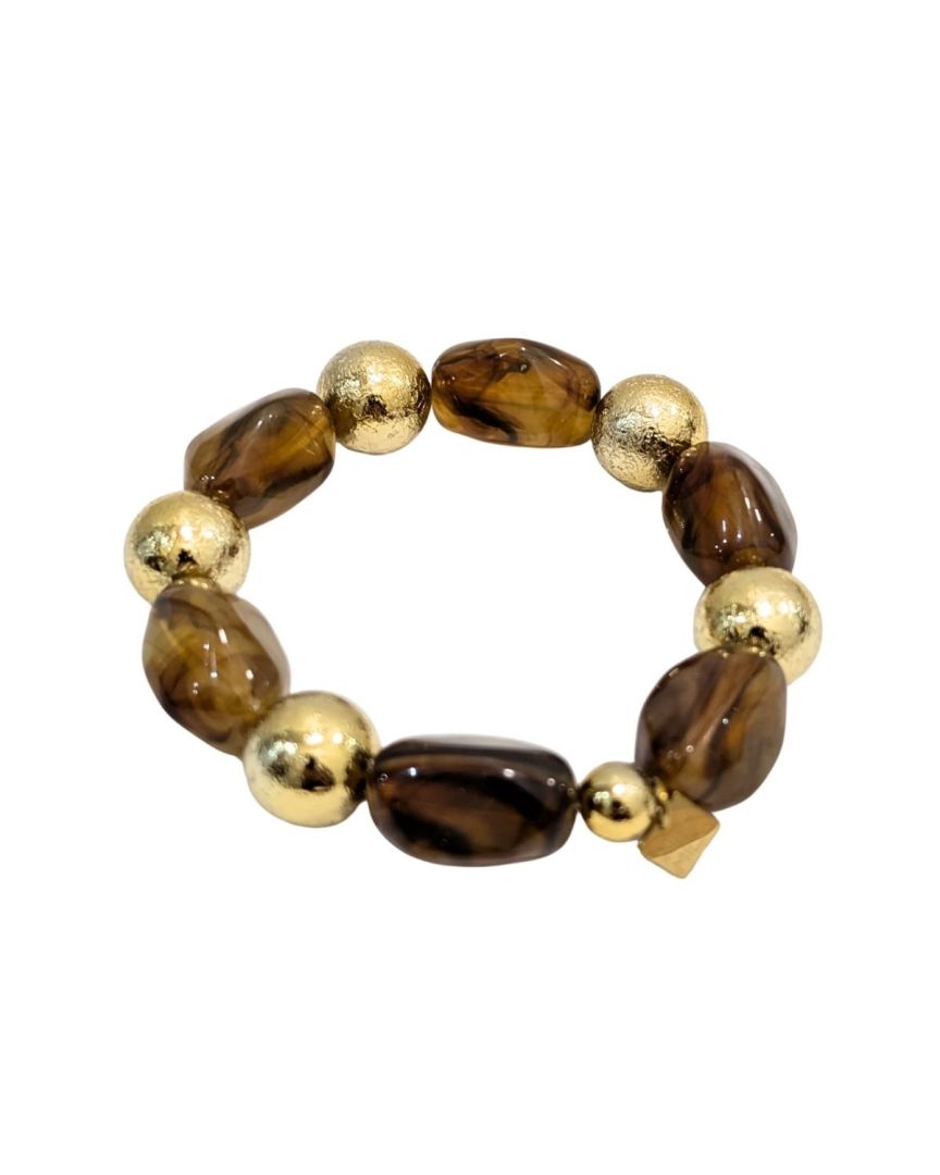Bracelets femme résine camel et billes dorées