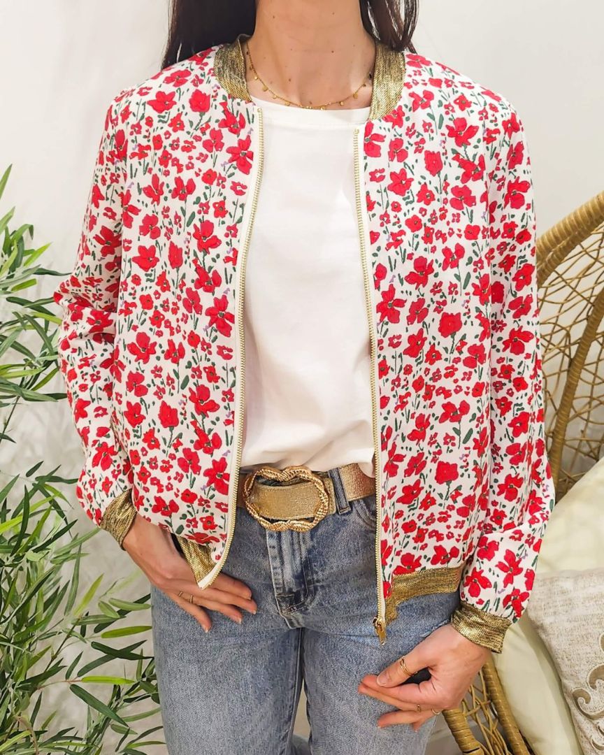 Bombers femme blanc fleurs rouges mi-saison léger Fernande