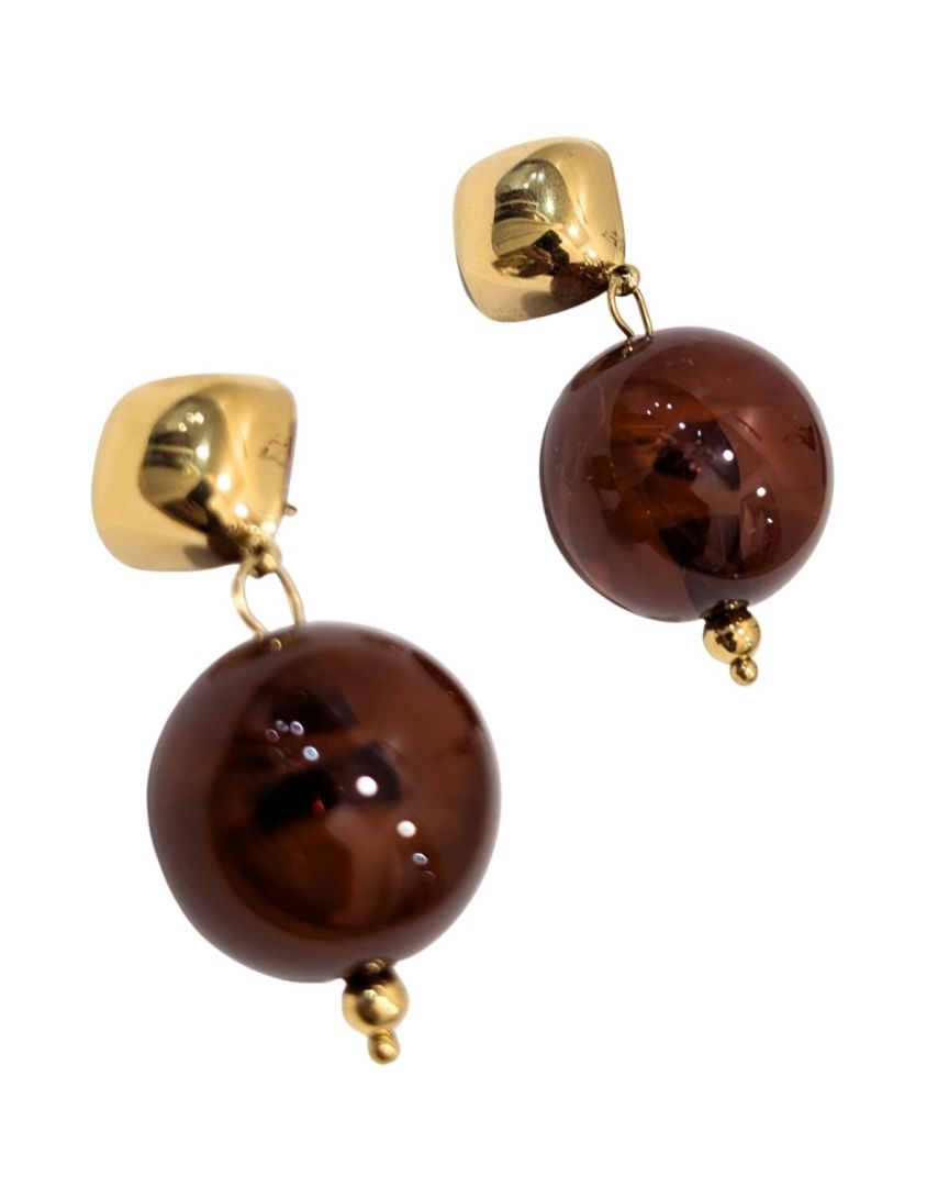 Boucles d'oreilles femme acier doré et boule marron