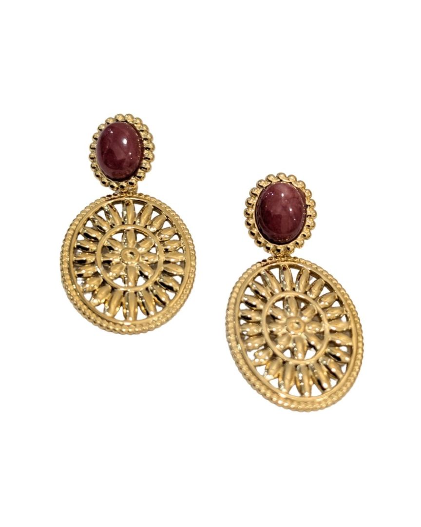 Boucles d'oreilles femme acier puce bordeaux ovale doré à motifs