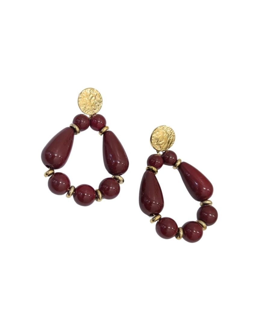 Boucles d'oreilles femme acier doré et bordeaux Galaad