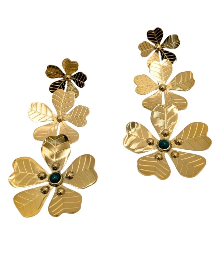 Boucles d'oreilles femme acier doré fleurettes pierre verte