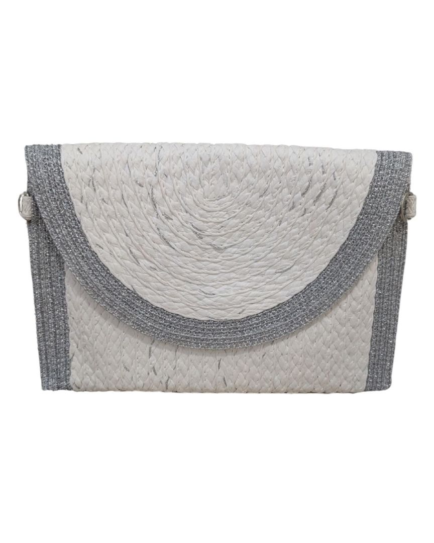 Pochette femme papier tissé blanche rebords lurex argentés
