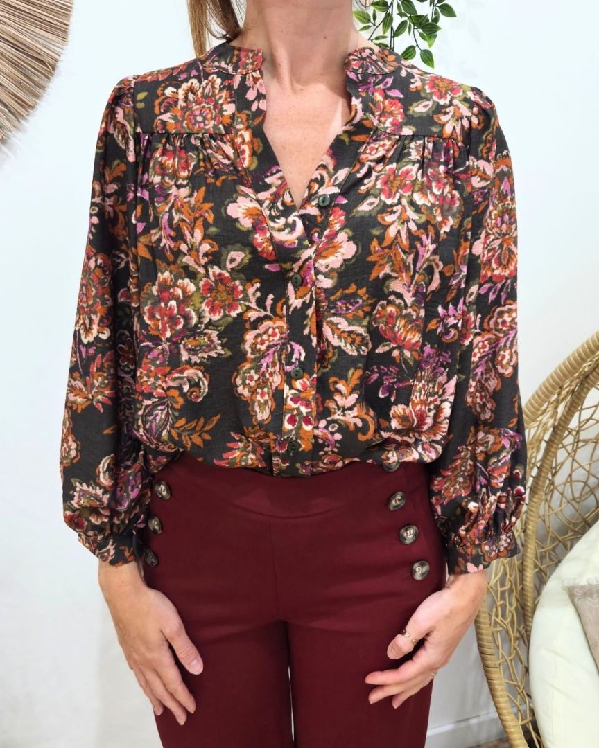 Chemisier femme kaki terracotta et rose Danaé