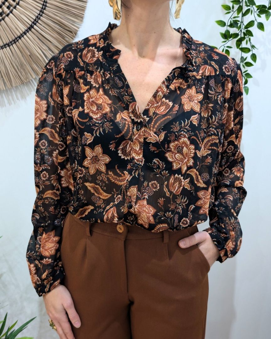 Chemisier femme noir fleurs terracottas Jasmina