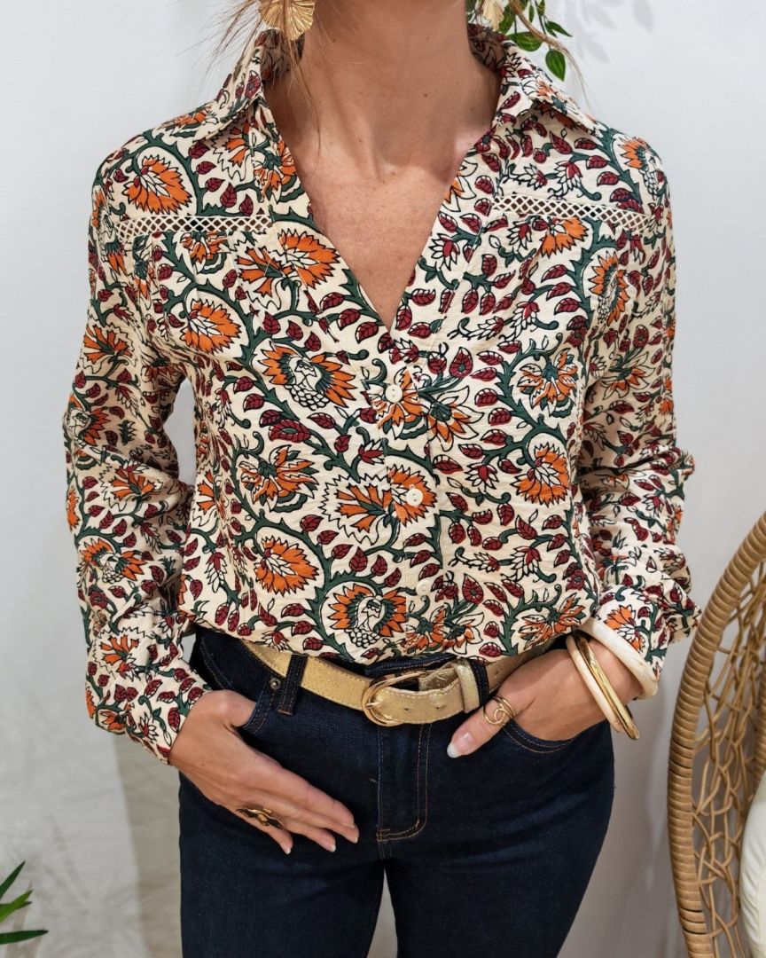 Chemisier femme beige fleurs terracotta et vertes Lurdes