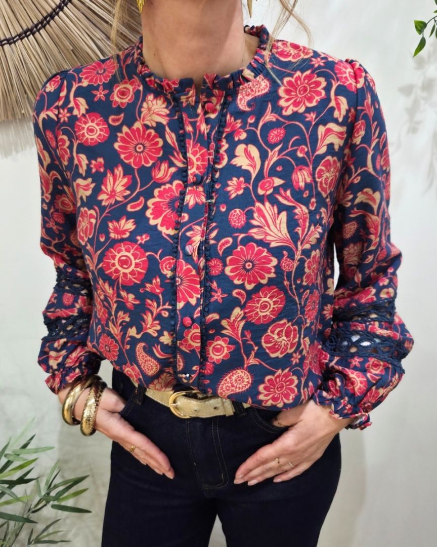 Chemisier femme marine fleurs rouges et taupes Margarida