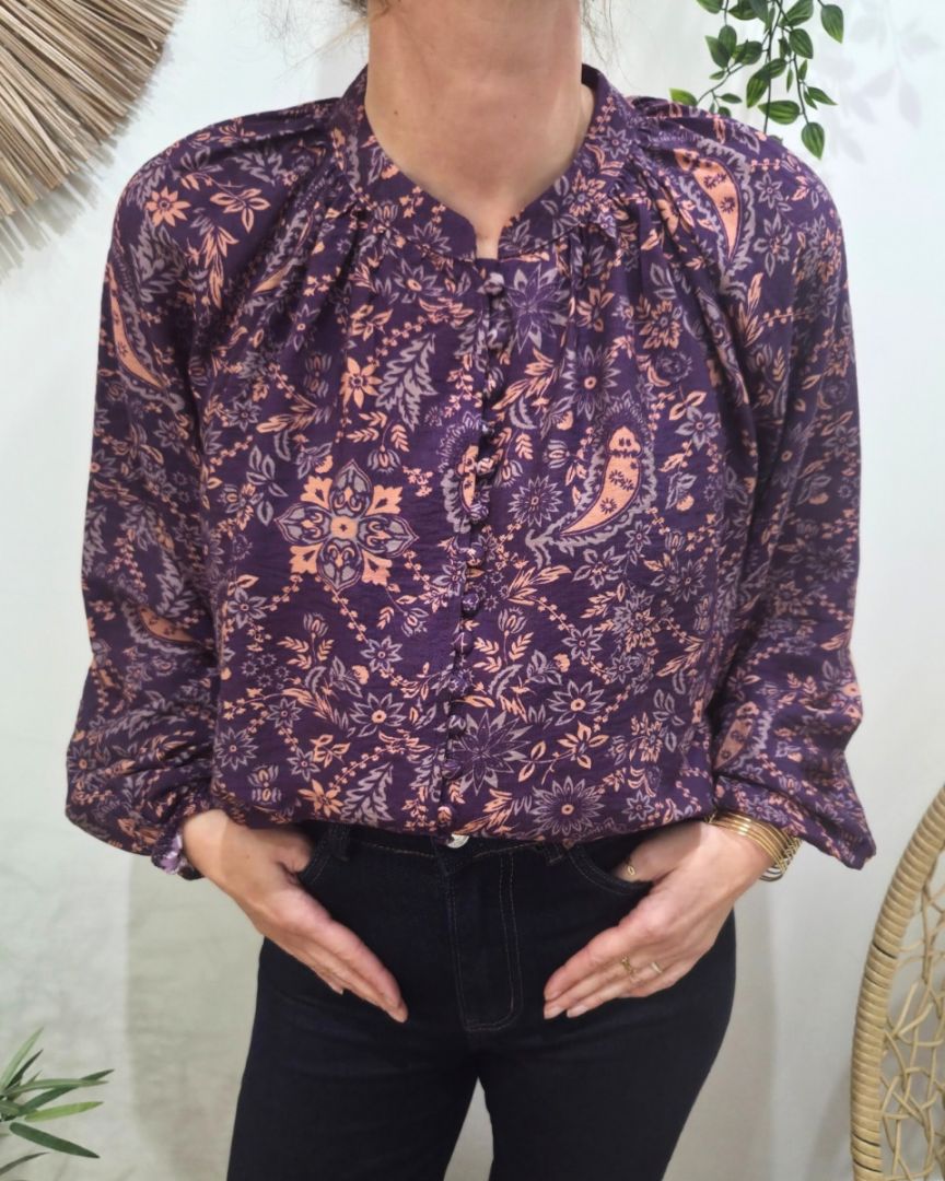 Chemisier femme violet motifs fleuris orangés Urbana