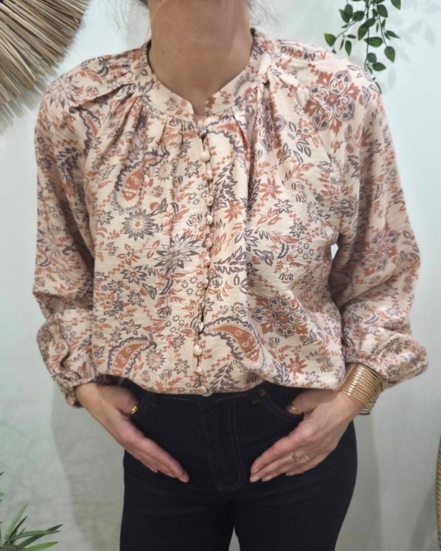 Chemisier femme beige motifs fleuris orangés Urbana
