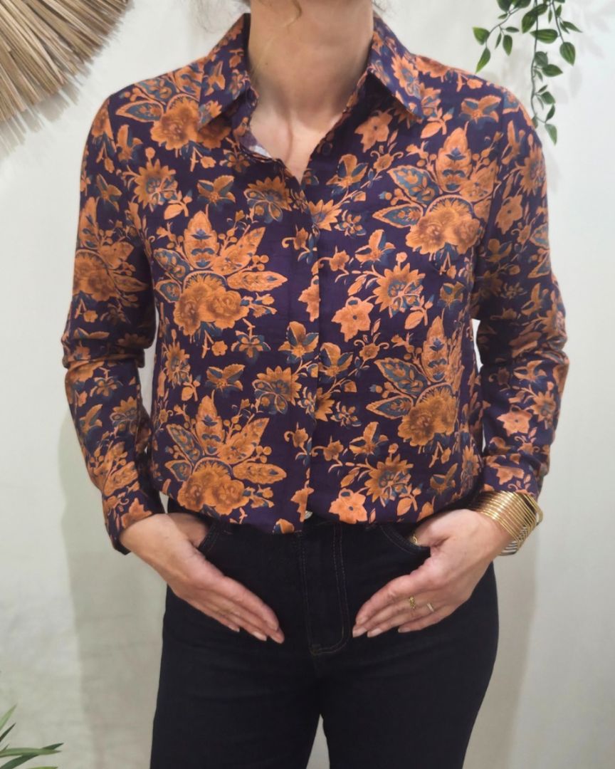 Chemisier femme bleu motifs fleuris terracotta Palmira