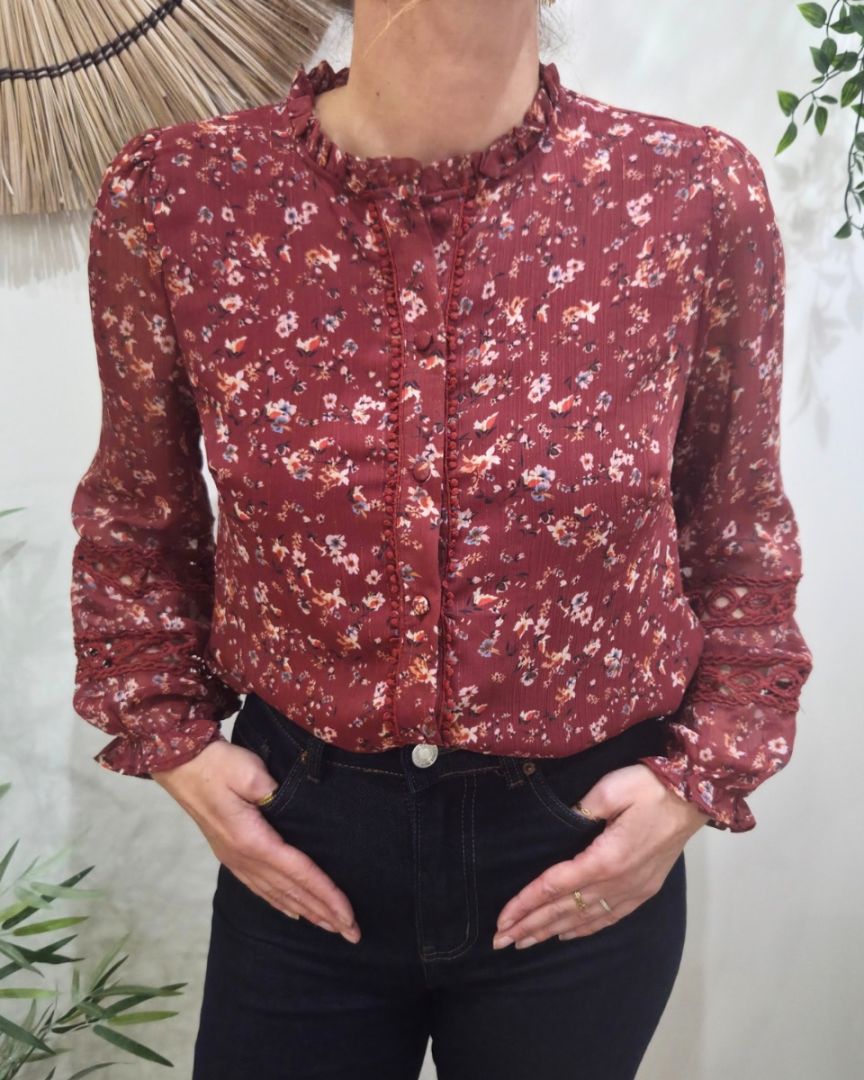 Chemisier femme rouge bordeaux fleurs liberty et broderies Otilia