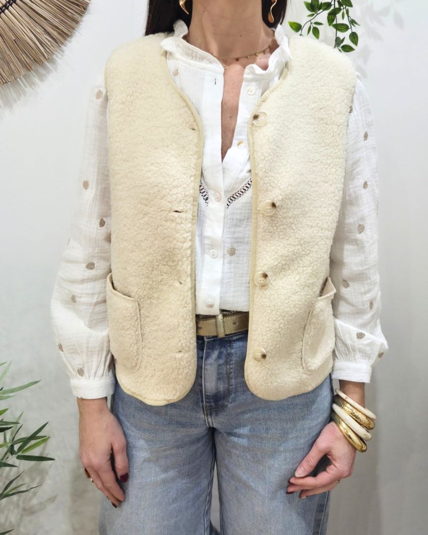 Gilet sans manches femme sans manche bouclettes beige Alya