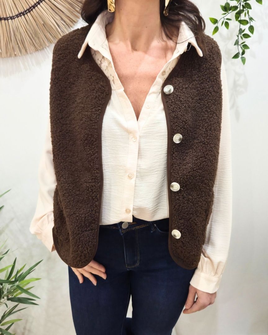 Gilet femme sans manche bouclettes marron choco Alya