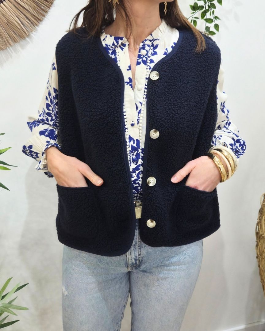 Gilet femme sans manche bouclettes bleu marine Alya