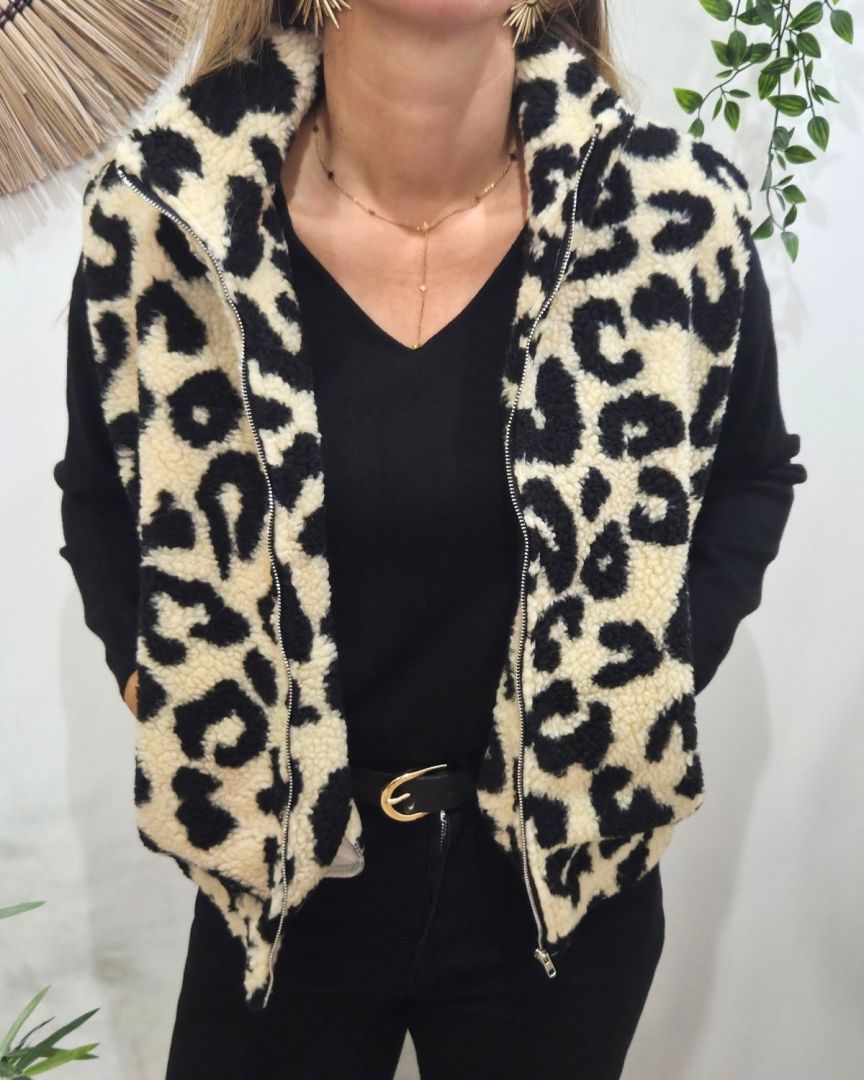 Gilet femme bouclettes léopard sans manches beige et noir