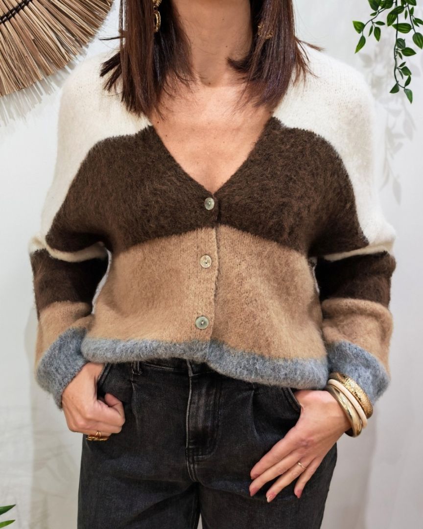 Gilet femme boutonné à rayures Eulalia-Marron