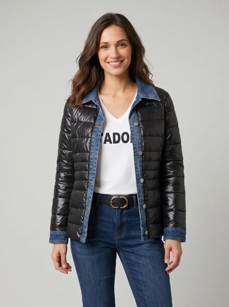 Doudoune femme noire rebords jeans