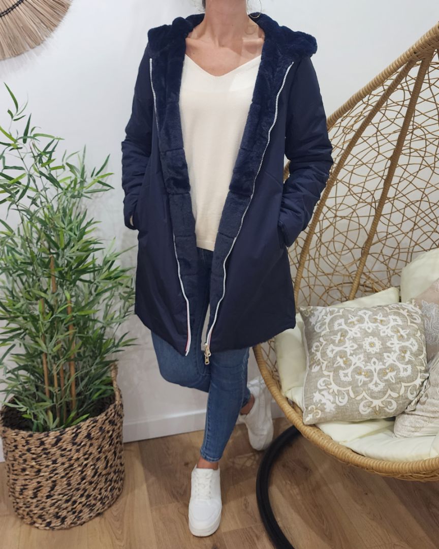 Parka femme longue réversible fausse fourrure bleu marine