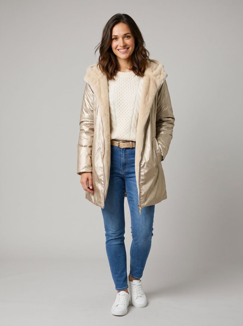 Parka femme dorée réversible fausse fourrure beige Armanda