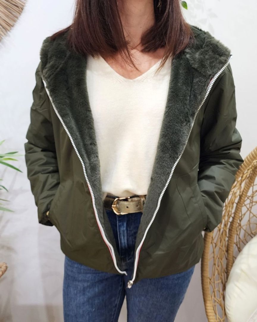 Parka femme kaki réversible fausse fourrure Sora