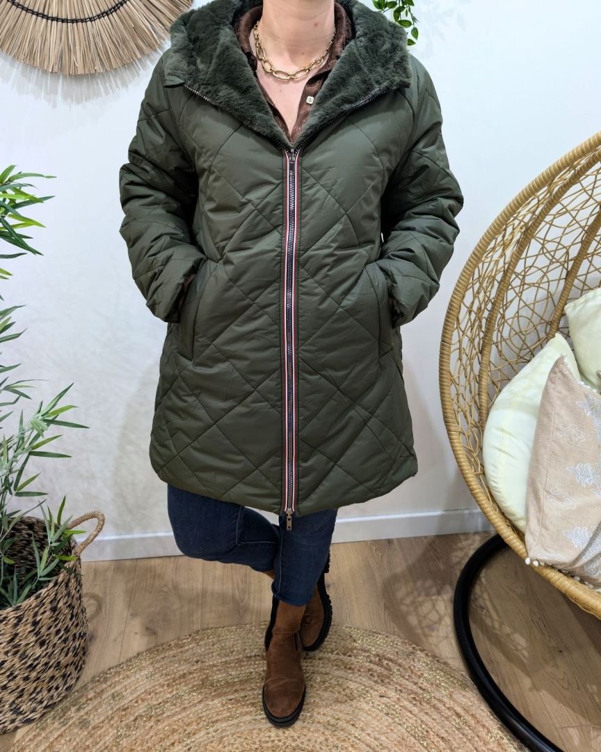 Parka longue femme kaki matelassée réversible fausse fourrure Lioba