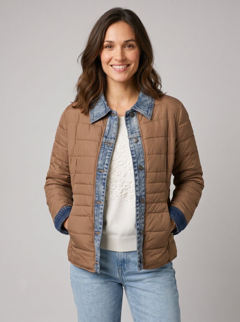 Doudoune femme marron café rebords jeans