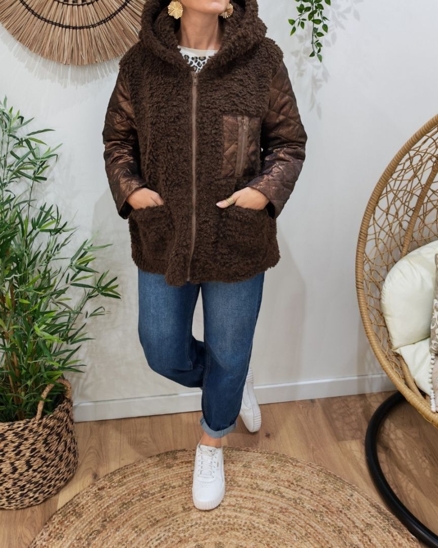 Manteau femme bouclettes manches et poche matelassées-Marron foncé