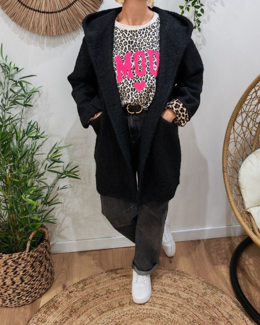 Manteau long femme à capuche poches plaquées-Noir