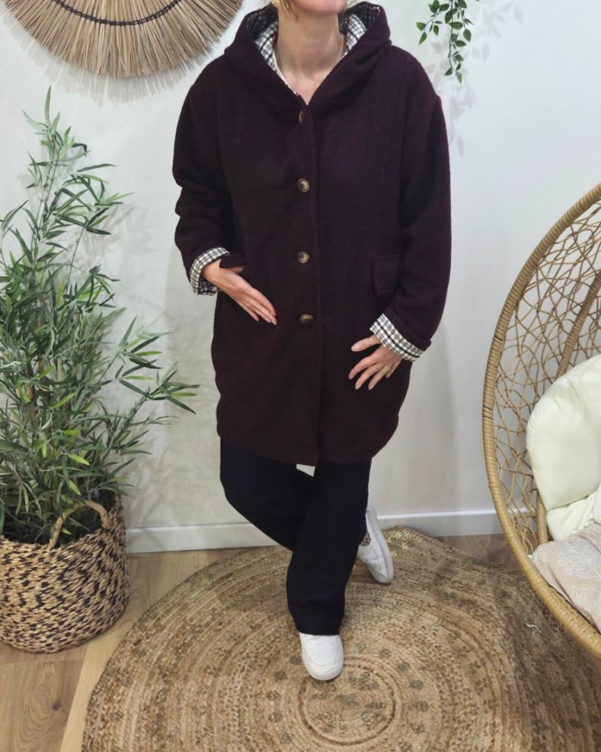 Manteau long femme à capuche poches plaquées revers à carreaux-Rouge bordeaux