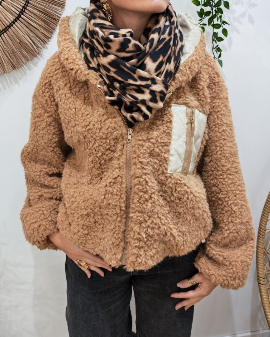Manteau court femme bouclettes poche et capuche matelassées dorées-Camel