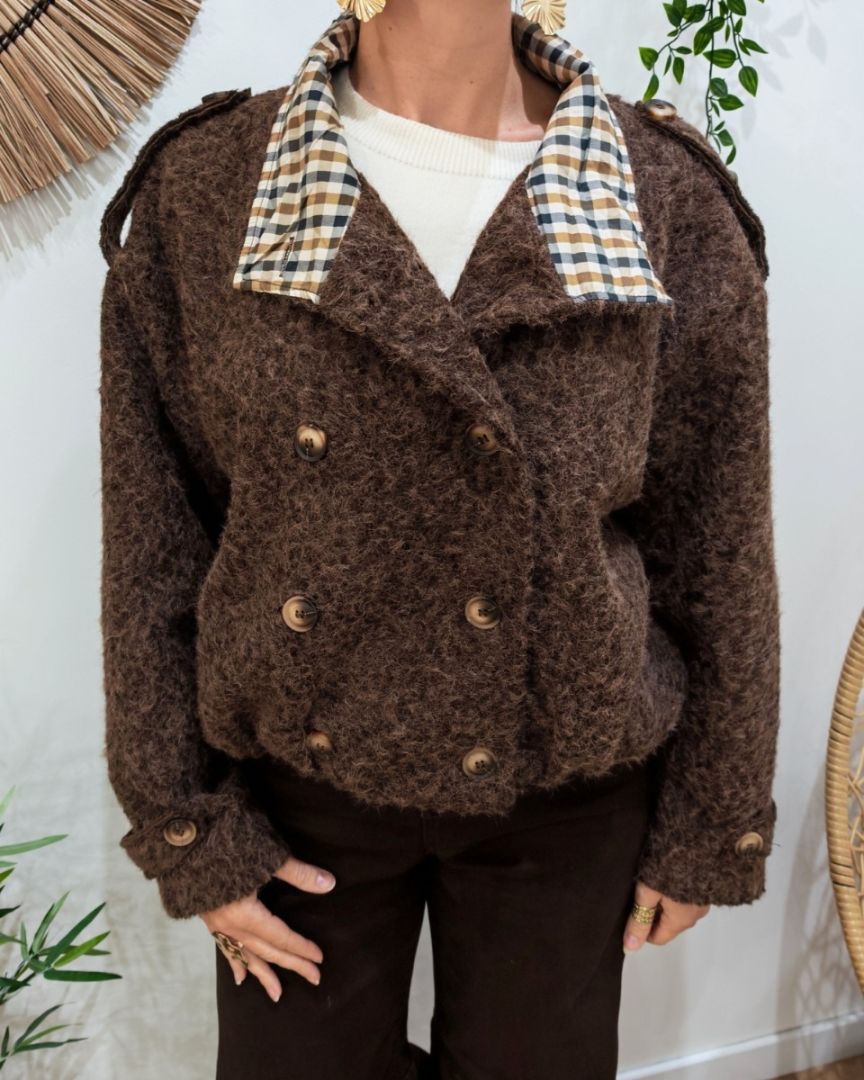 Manteau court femme effet bombers col montant revers à carreaux-Marron