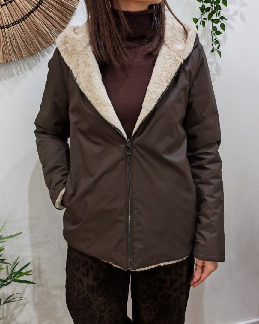 Parka courte femme marron fourrée beige réversible Inara