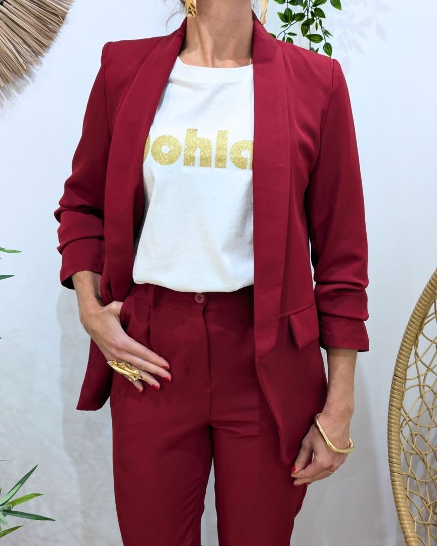 Blazer femme manches plissées rouge bordeaux