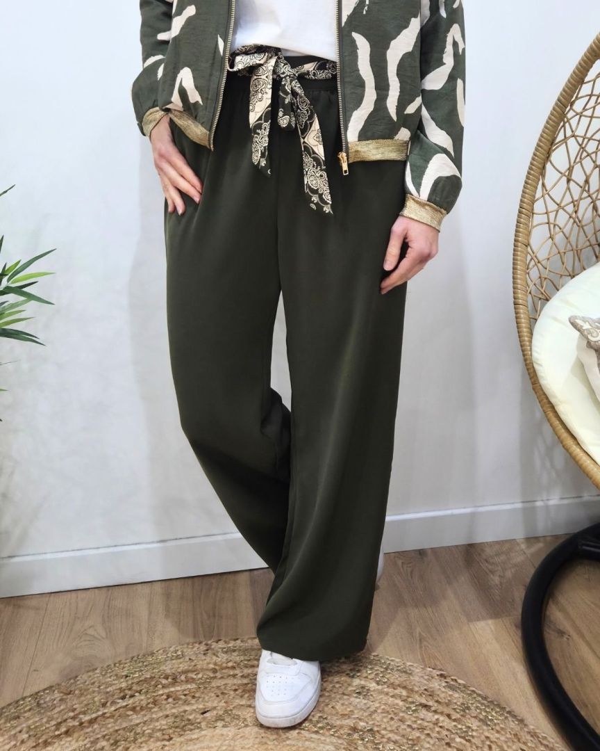 Pantalon fluide femme large kaki ceinture à motifs Maïra