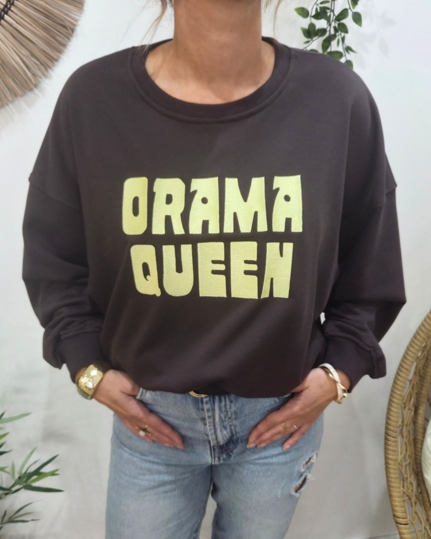 Sweat femme marron broderie DRAMA QUEEN jaune