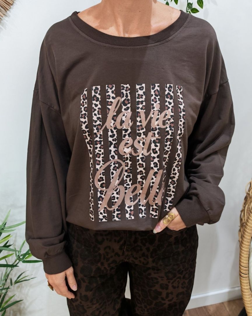 Sweat fin marron femme La vie est belle