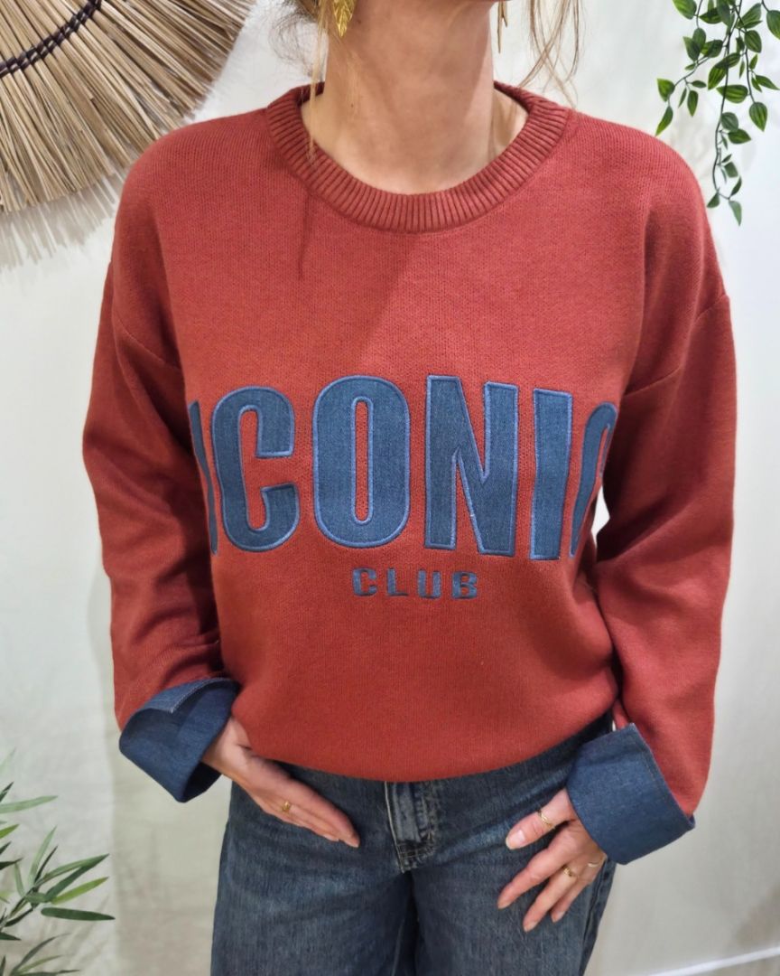 Pull femme terracotta ICONIC club bleu jean
