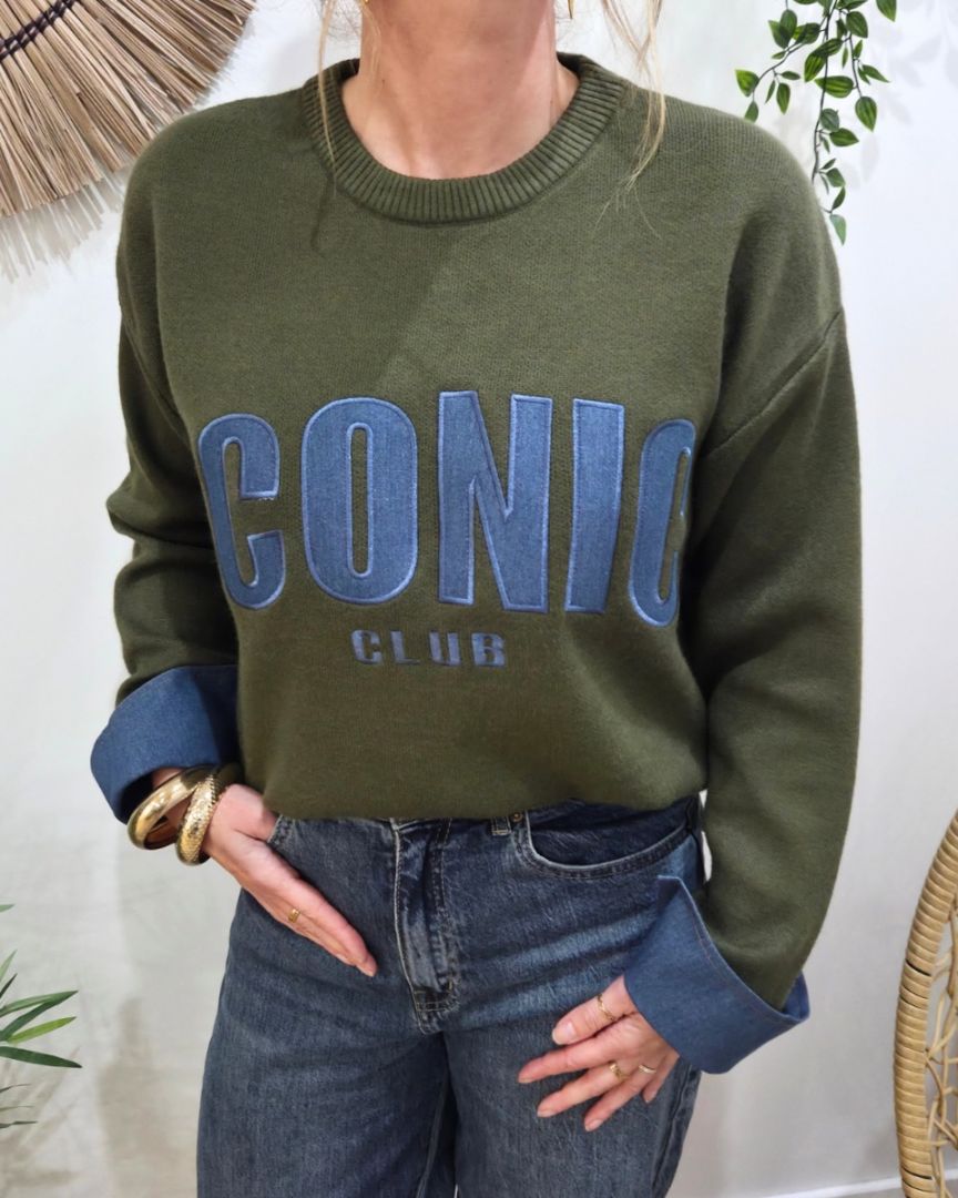 Pull femme kaki ICONIC club bleu jean