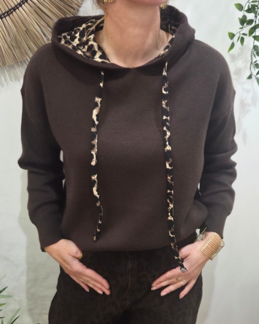 Sweat femme marron capuche et cordons léopard