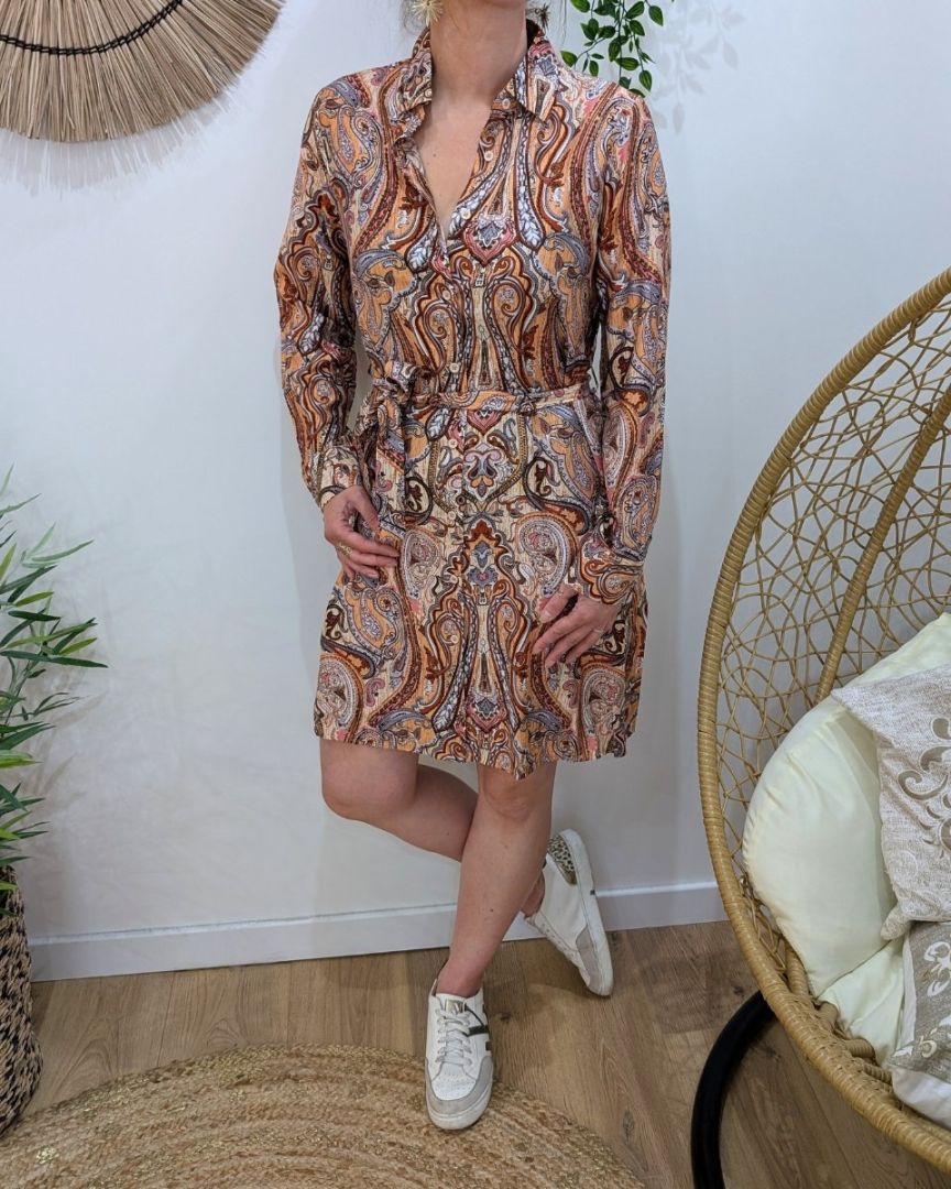 Robe chemise femme motifs cachemire orange rose