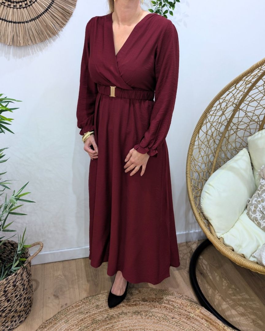 Robe longue femme unie rouge bordeaux manches longues Izia