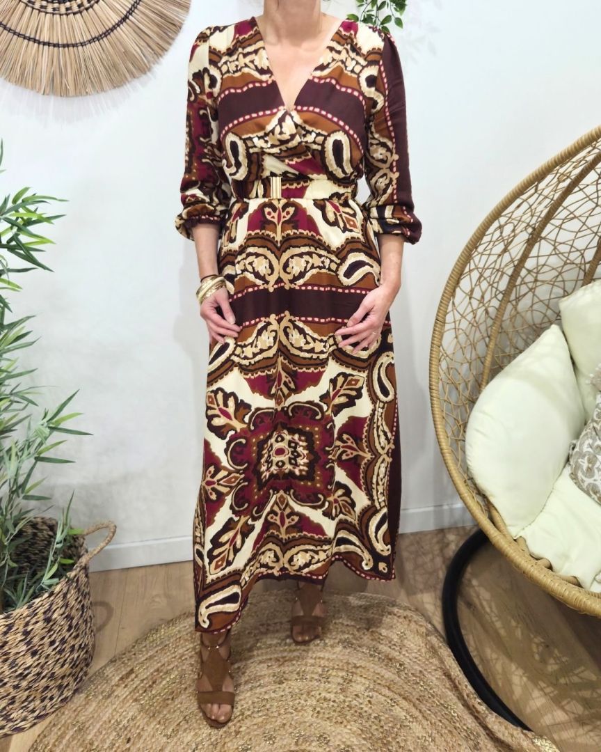 Robe longue femme bordeaux motifs prunes camels et beiges Malia