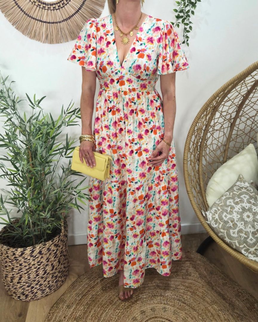 Robe femme longue écrue imprimés fleuris oranges fuchsia multicolores fluide été