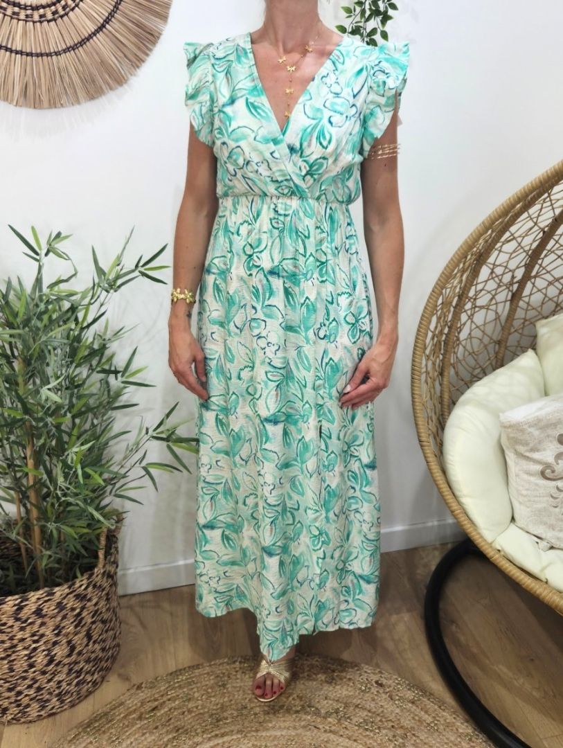  Robe longue femme fleurie verte fleurie Thémis