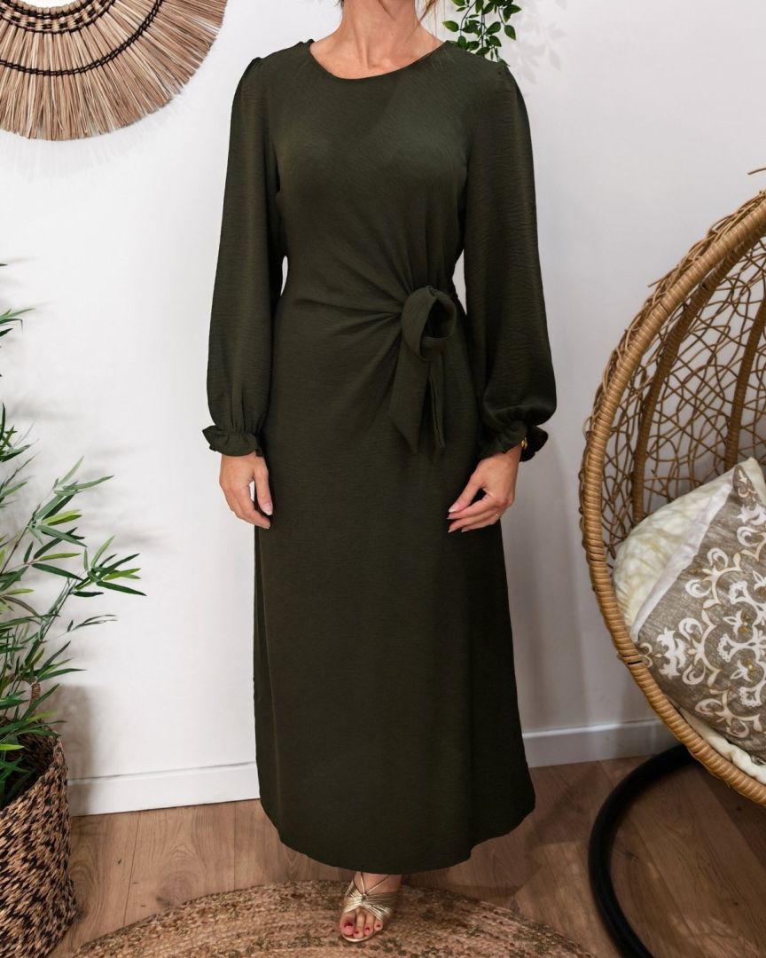 Robe longue femme nouée kaki Elise manches longues