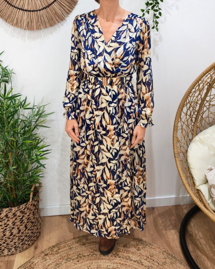 Robe longue femme bleue et beige liseré doré Amora