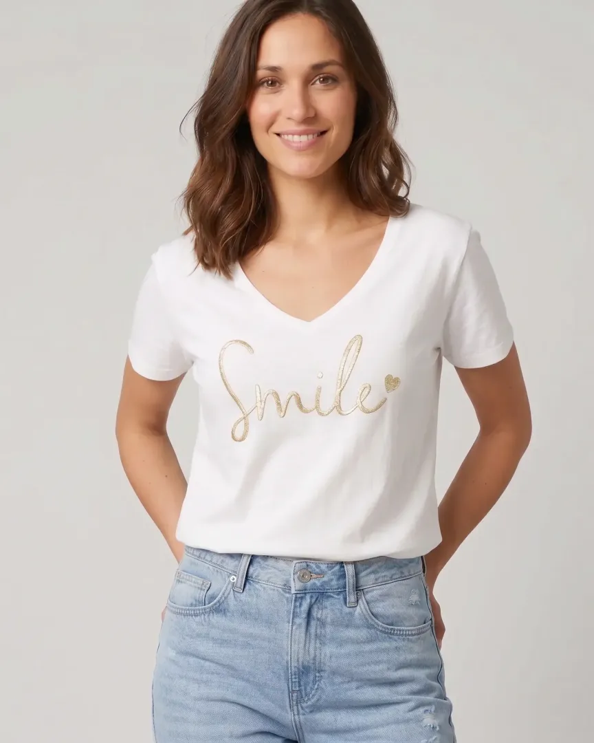 T-Shirt femme blanc broderie smile dorée