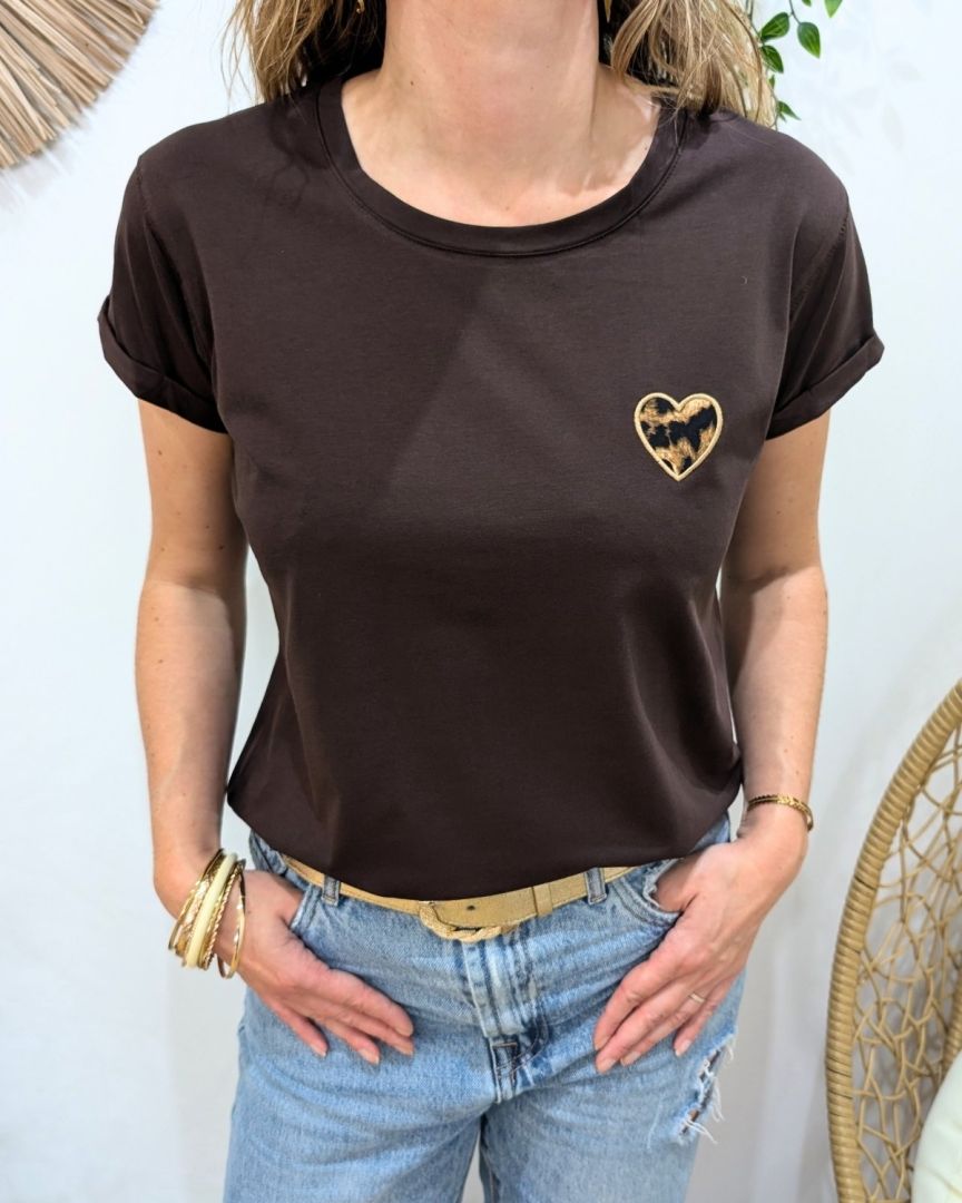 T-shirt femme marron coeur léopard taupe
