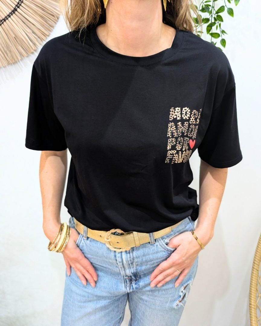 T-shirt femme noir more amor por favor léopard
