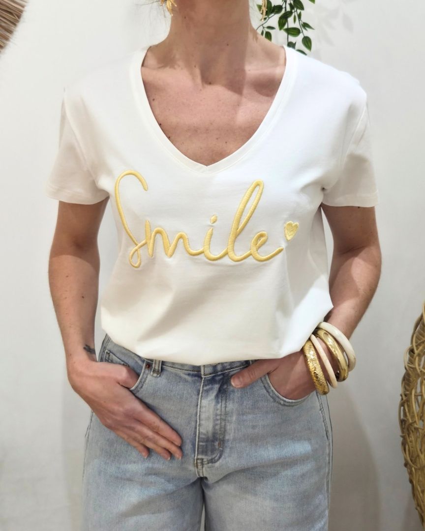 T-Shirt femme blanc broderie smile jaune